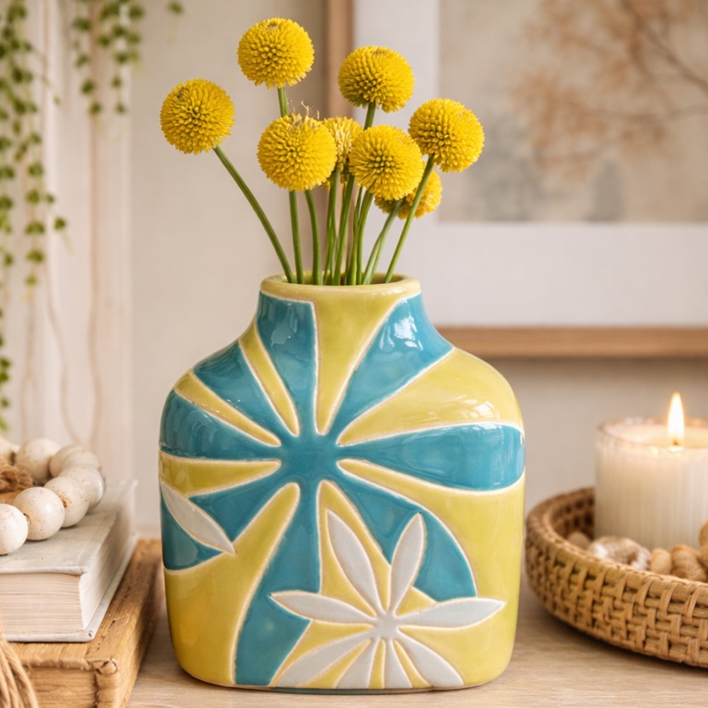 Pier 1 Imports Retro Floral Vase. Modern Boho | 60’s Vibe | 6.5x5.5 | Ceramic